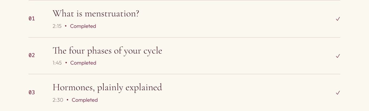 Three lectures inside a module, each with its length and marked complete