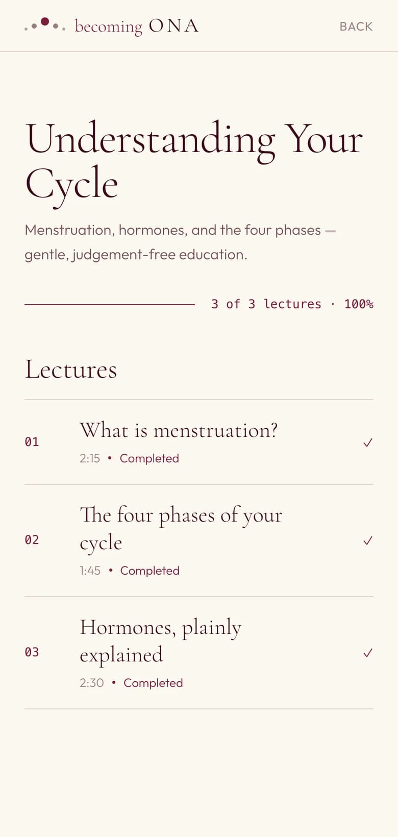 A module inside Becoming Ona: three lectures with their length, all marked complete