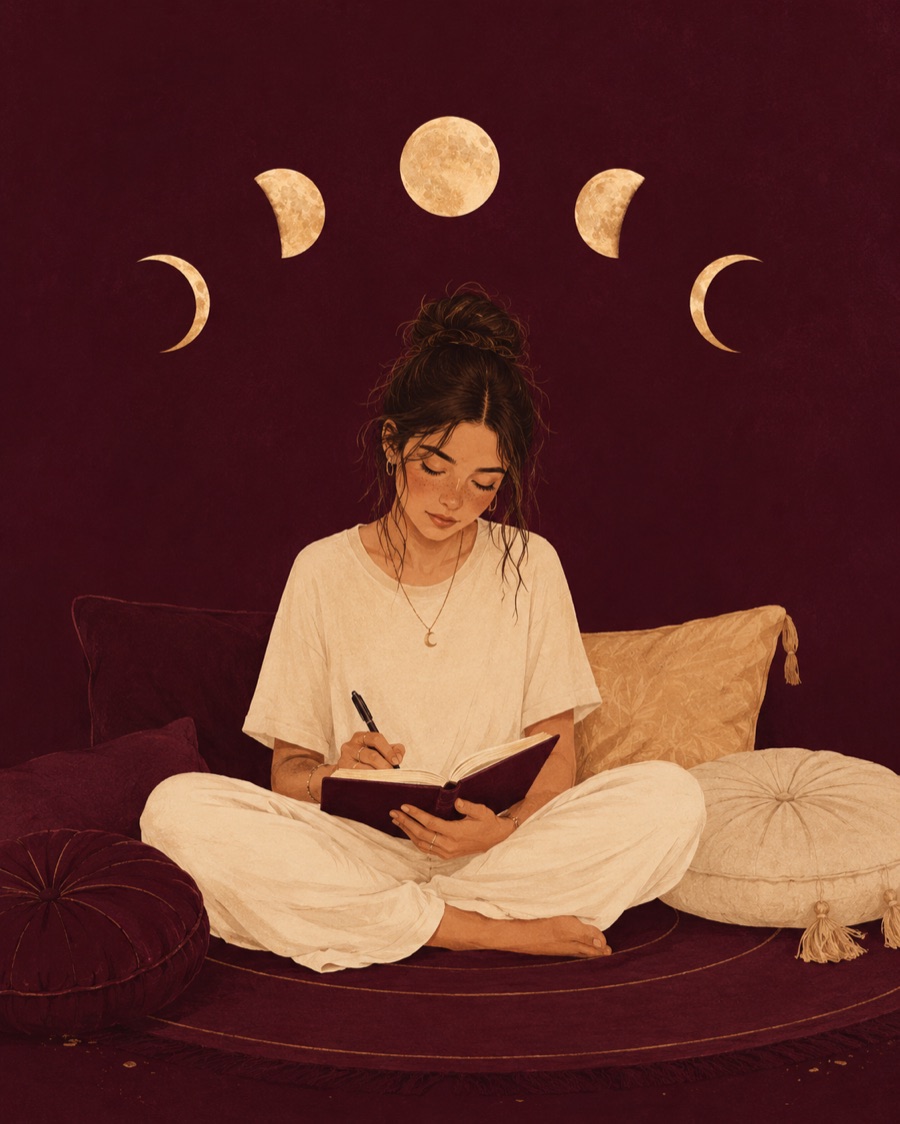 Illustration: a teenage girl journaling on cushions under an arc of moon phases