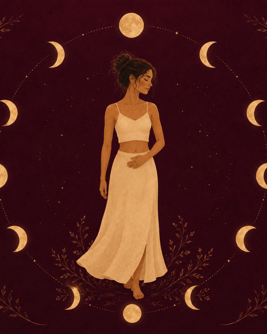 Illustration: a woman standing inside a circle of moon phases, one hand on her belly