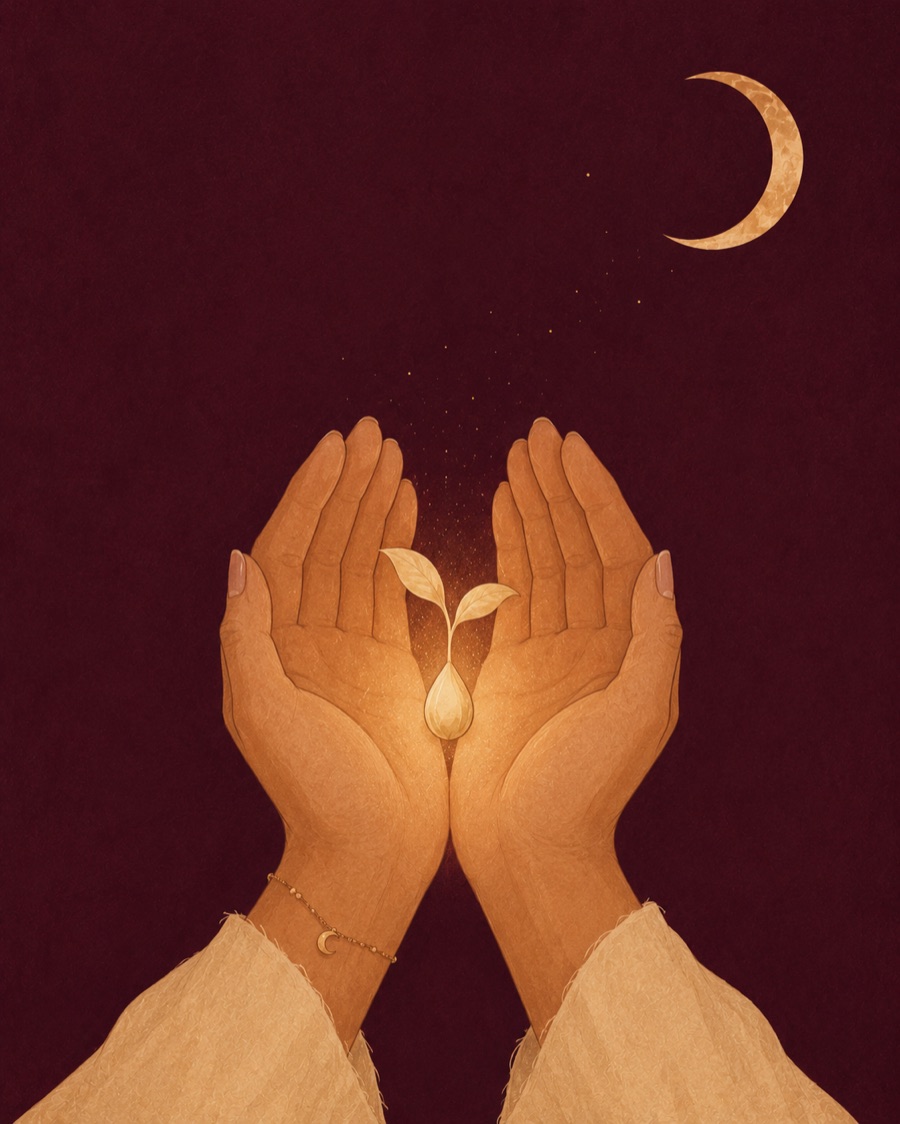 Illustration: cupped hands holding a glowing seedling under a crescent moon