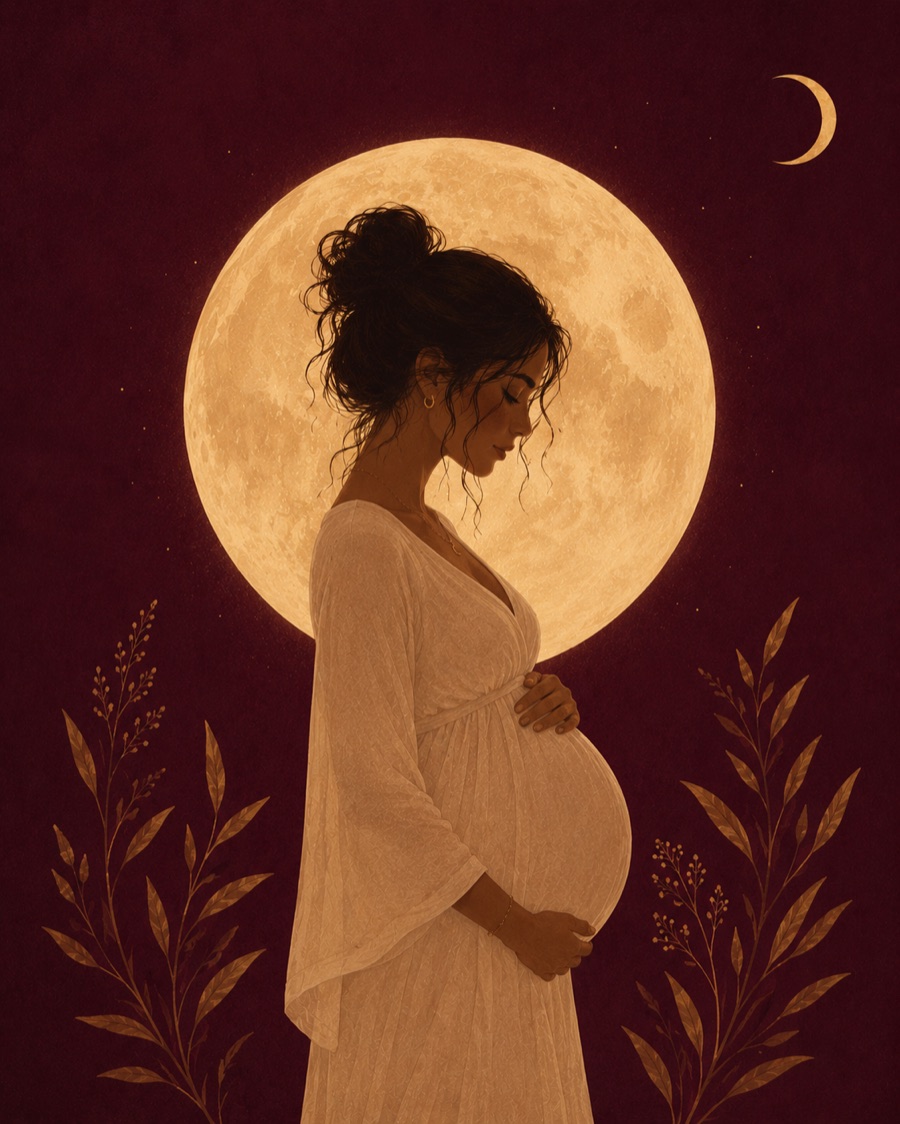 Illustration: a pregnant woman in profile, cradling her belly in front of a full moon