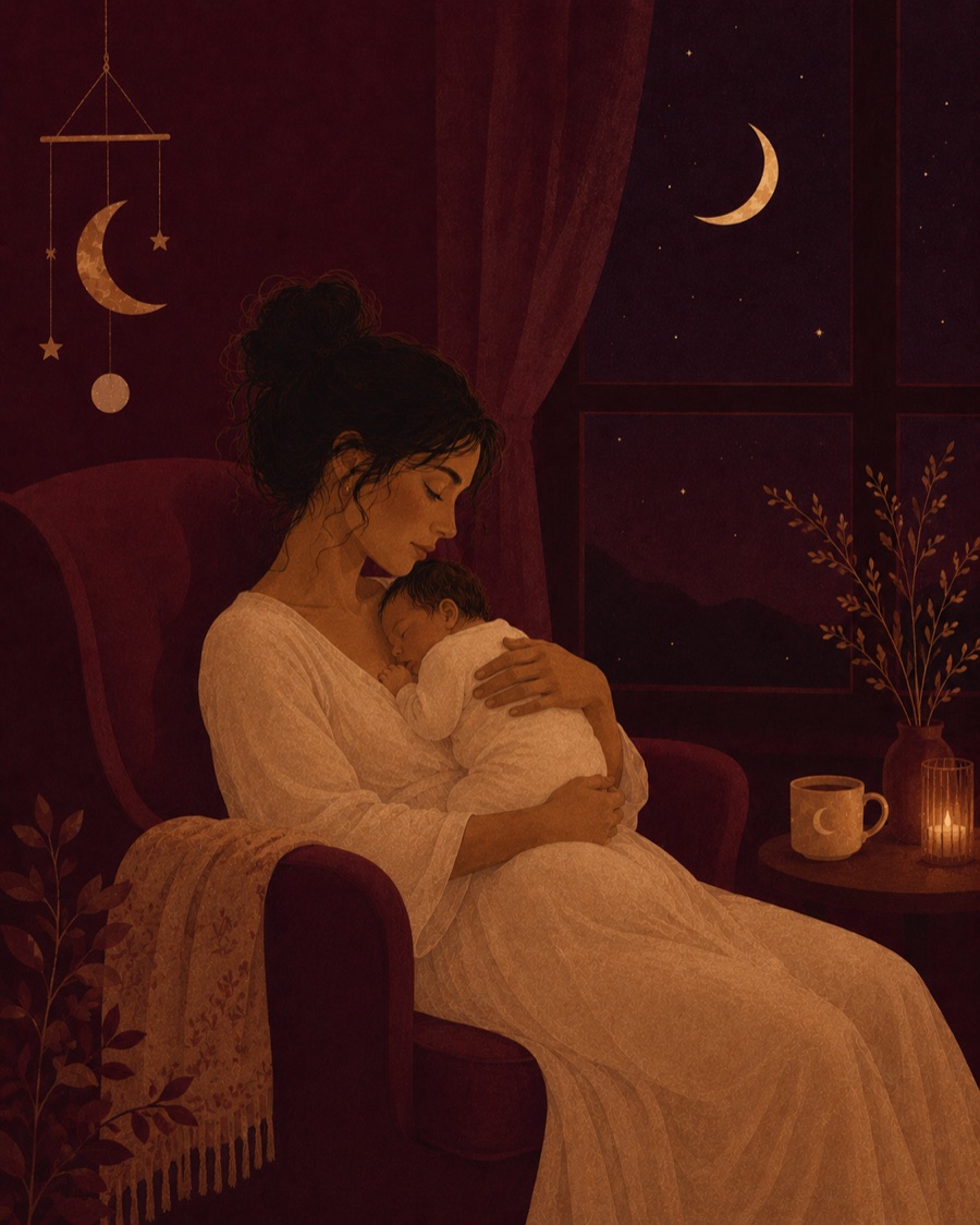 Illustration: a mother resting in an armchair at night, holding her newborn against her chest