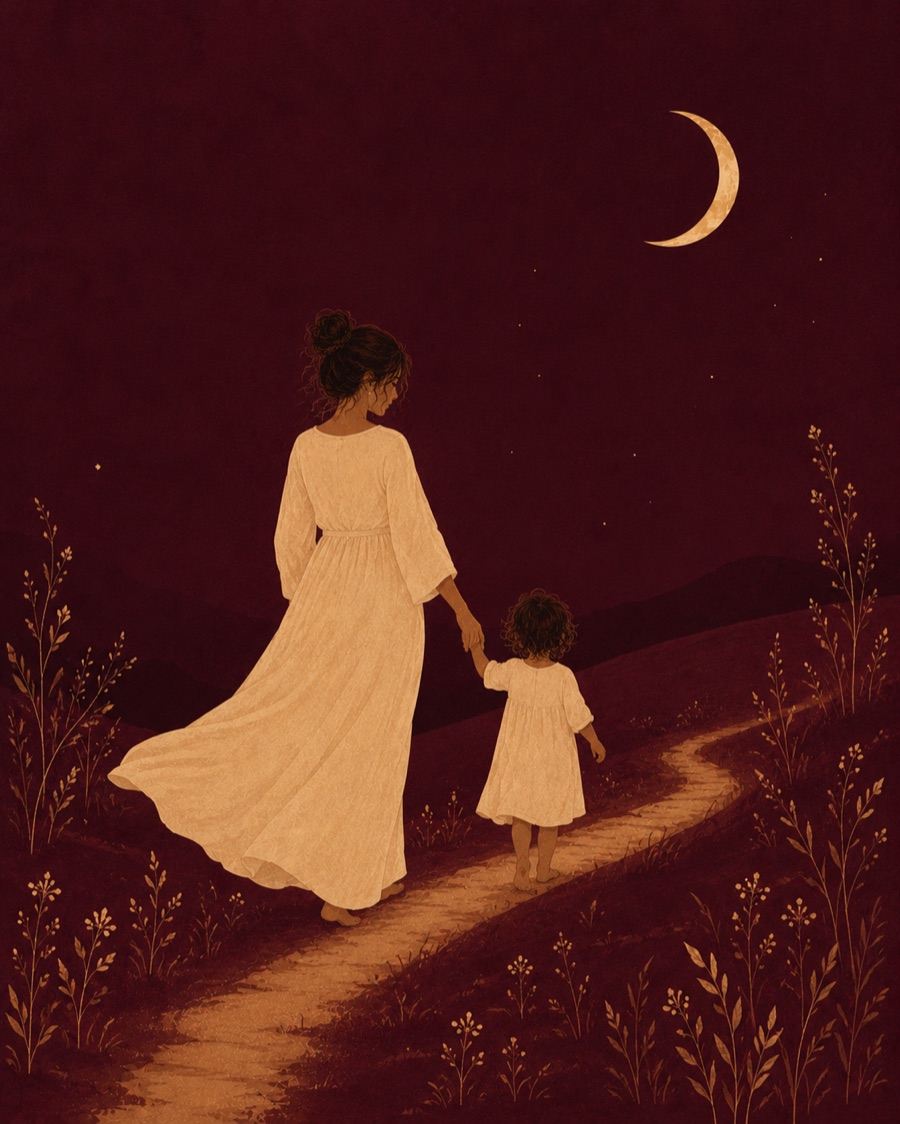 Illustration: a mother and small child walking hand in hand along a path under a crescent moon