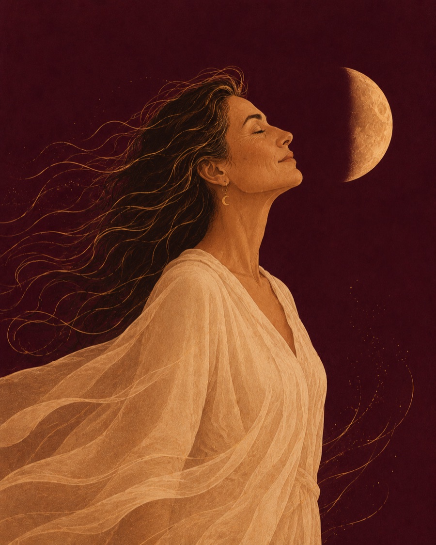 Illustration: a woman with flowing hair, face tilted upward toward a half moon