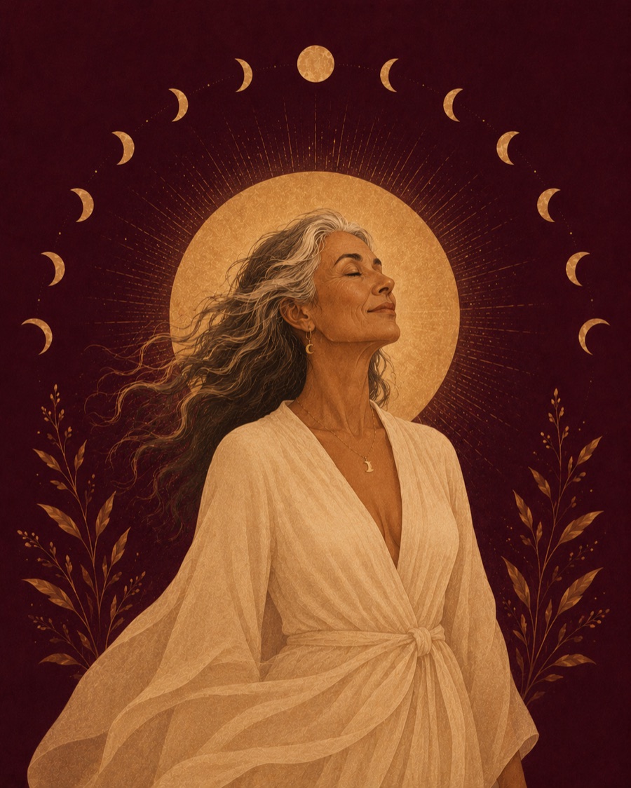 Illustration: a serene silver-haired woman with a radiant golden halo of light